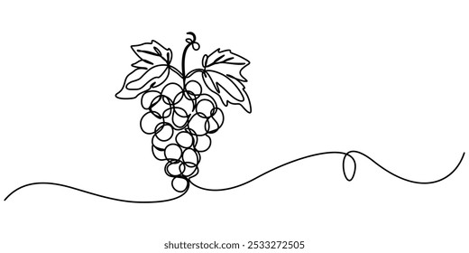 Dibujo de línea continua de uvas sobre un fondo transparente, Ilustración vectorial de uva aislada sobre fondo blanco. Para niños libro de colorear, uvas de bodega icono de línea delgada en un transparente