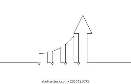 Continuous line drawing of graph with arrow up. Illustration vector of bar chart. Flat icon of business growth. Object one line. Single line art