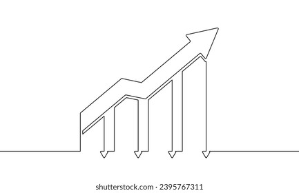 Continuous line drawing of graph with arrow up. Illustration vector of business growth. Hand drawn of bar chart. Object one line. Single line art