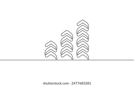 Continuous line drawing of graph. Arrow up in illustration vector. Single line art of bar chart. Object one line of inreasing arrow. business growth in sign symbol