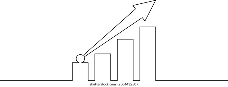 Continuous line drawing of graph with arrow. Business growth icon in illustration vector. Single line art of bar chart. Object one line of increasing arrow up
