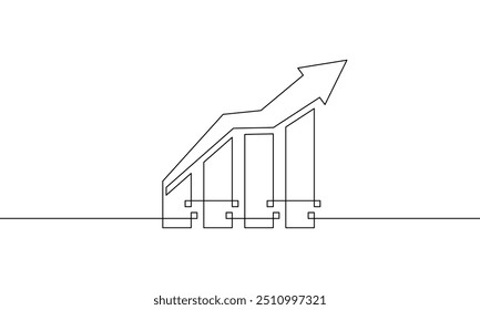 Continuous line drawing of graph with arrow. Sign symbol of business growth icon. Illustrstion vector of increasing arrrow up. Single line art of bar chart. Object one line