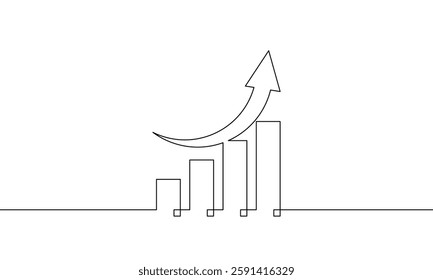 Continuous line drawing of graph with arrow up. Illustration vector of increasing arrow sign symbol. Single line art of bar chart. Object one line of business growth. Flat icon