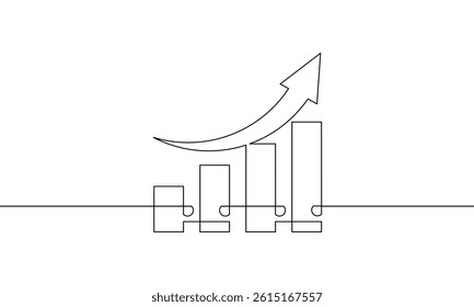 Continuous line drawing of graph with arrow up. Illustration vector of increasing bar chart. Single line art of biusiness growth. Object one line of sign symbol. Flat icon