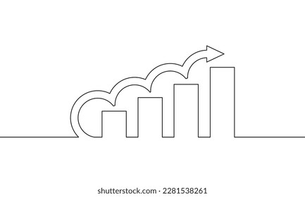 Continuous line drawing of graph business icon. Arrow up, Bar chart, growth graph outline, object one line, single line art, vector illustration