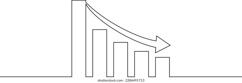 Continuous line drawing of graph business icon. Chart loss schedule, arrow down. Bar, growth, object one, single art, vector illustration