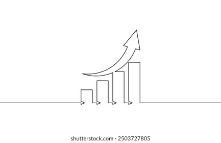 Continuous line drawing of graph business growth. Illustration vector of increasing arrow up. Single line art of bar chart. Object one line of flat icon sign symbol