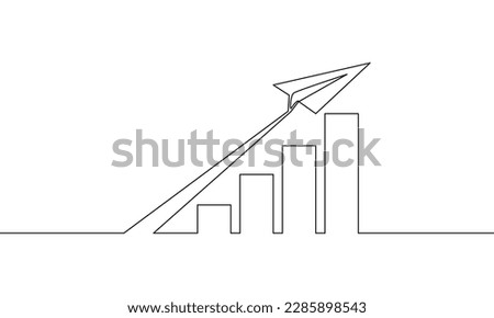 Continuous line drawing of graph business icon. Paper plane up. Bar chart, Object one line, single line art, vector illustration