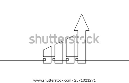 Continuous line drawing of graph business icon. Increasing arrow up sign symbol.  Bar chart in flat icon. Business growt in single line art. Object one line. Vector illustration