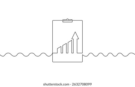 Continuous line drawing of graph with clipboard. Illustration vector of bar chart. Single line art of business growth on white background. Object one line of increasing arrow up. Flat icon sign symbol