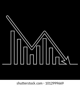 Continuous line drawing of graph icon isolated on black background. Downside trend graph, bar chart image with arrow down. Vector illustration for banner, template, poster, postcard, web, app, 