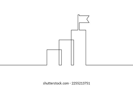 Continuous line drawing of graph icon business. Arrow up with a flag. Bar chart, growth graph, object one line, single line art, vector illustration