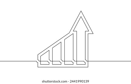 Dibujo de línea continua del icono de gráfico. Icono plano de flecha arriba. Símbolo de signo de gráfico de barras. Flecha creciente, vector de ilustración del crecimiento del negocio. Objeto una línea. Una sola línea de arte