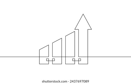 Continuous line drawing of graph. Illustration vector of arrow up. Single line art of bar chart. Object one line of business growth. Flat icon of increasing arrow sign symbol