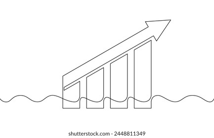 Dibujo de línea continua del gráfico. Vector de ilustración de la flecha hacia arriba. Objeto de una línea de crecimiento empresarial. Una sola línea de gráfico de barras. Flecha creciente, icono plano