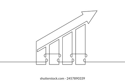 Kontinuierliche Linienzeichnung des Graphen. Abbildung Vektorgrafik des Pfeils nach oben. Ein einziger Bereich ist Teil des Unternehmenswachstums. Objekt eine Linie mit steigendem Pfeil. Flaches Symbol des Balkendiagramms. Vorzeichen-Symbol