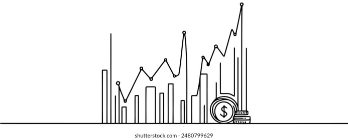 Dibujo de línea continua del gráfico. Vector de ilustración del gráfico de barras. arte de una sola línea de flecha hacia arriba. Objeto una línea de crecimiento de negocio. Icono plano de flecha creciente. Símbolo de signo de ganancia.