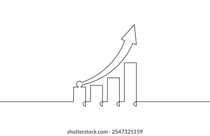 Continuous line drawing of graph. Illustration vector of increasing arrow up. Flat icon of bar chart. Single line art of business growth. Object one line sign symbol