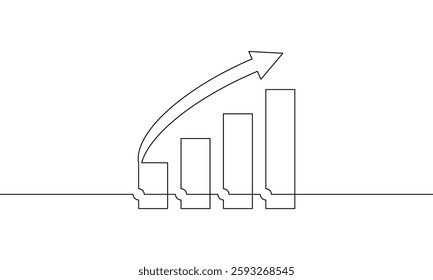 Continuous line drawing of graph. Illustration vector of bar chart with increasing arrow up. Single line art of business growth sign symbol. Object one line of flat icon