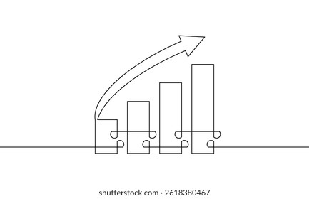 Continuous line drawing of graph. Illustration vector of increasing arrow up. Business growth, bar chart. Single line art. Object one line. Flat icon, sign symbol. 
