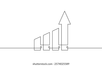 Continuous line drawing of graph with increasing arrow up. Flat icon sign symbol.  Illustration vector of business growth. Object one line. Single line art