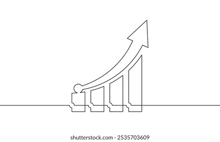 Continuous line drawing of graph. Object one line of bar chart. Illustration vector of increasing arrow up. Single line art of business growth. Flat icon sign symbol