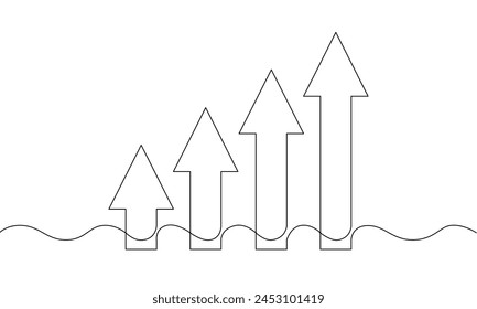 Kontinuierliche Linienzeichnung des Graphen. Zeichen-Symbol des Pfeils nach oben. Illustration Vektorgrafik des Balkendiagramms. Ein einziger Bereich ist Teil des Unternehmenswachstums. Objekt eine Zeile mit steigendem Pfeil