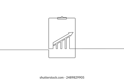 Continuous line drawing of graph. Sign symbol of clipboard. Illustration vector of arrow up. Single line art of bar chart. Object one line of increasing arrow. Business growth