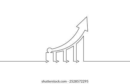 Dibujo de línea continua del símbolo de signo de gráfico. Icono de flecha hacia arriba creciente. Vector de ilustración del gráfico de barras. Una sola línea de arte de crecimiento empresarial. Objeto de una línea