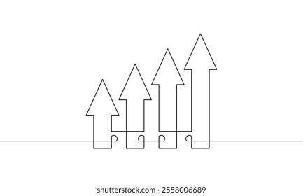 Continuous line drawing of graph. Single line art of increasing arrow up. Object one line business growth sign symbol. Flat icon of bar chart. Vector illustration