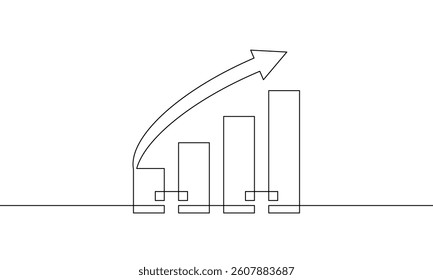 Continuous line drawing of graph. Single line art of increasing arrow up. Vector illustration of business growth. Flat icon of bar chart