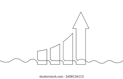 Continuous line drawing of graph. Single line art of increasing arrow up. Object one line of business growth. Minimalist vector illustration of bar chart. Flat icon, sign symbol