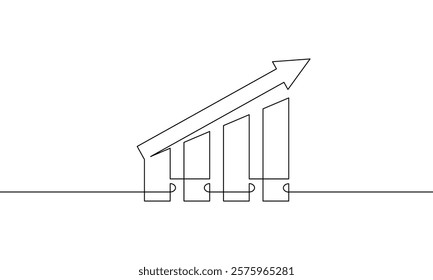 Continuous line drawing of graph vector illustration. Flat icon of business growth. Single line art of increasing arrow up. Object one line of bar chart. Sign symbol