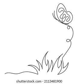 Continuous line drawing. Grass and butterfly. Hand-drawn vector illustration. Decorative design for greeting card. Copy space for text