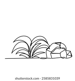 continuous line drawing grass with rock stone illustration