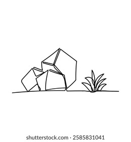 continuous line drawing grass with rock stone illustration