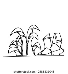 continuous line drawing grass with rock stone illustration