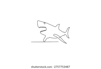 Continuous line drawing of a great white shark with visible teeth and fins