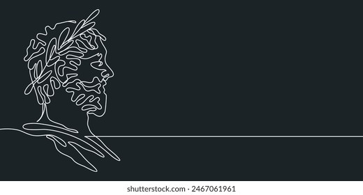 Continuous line, drawing of Greek god head wearing laurel wreath statue minimalist, Ancient Greek Figure Face Head Statue vector illustration for t-shirt, slogan design print graphics style