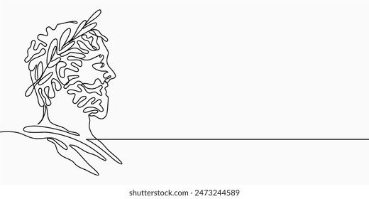 Línea continua, dibujo de la cabeza del dios griego que lleva la estatua de la corona de laurel minimalista, Ilustración vectorial de la estatua de la cabeza de la cara de la figura griega antigua para la camiseta, estilo gráfico de la impresión del diseño del eslogan