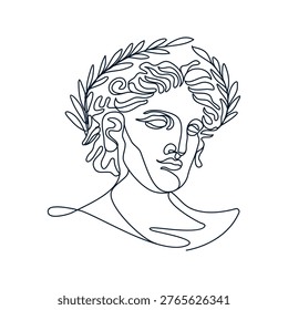 Continuous line, drawing of Greek god head wearing laurel wreath statue minimalist, Ancient Greek Figure Face Head Statue vector illustration for t-shirt, slogan design print graphics style