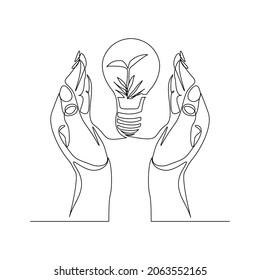 Continuous line drawing of green plant tree in light bulb and two palm hands. Creative green earth nature saving single one line art. Vector illustration