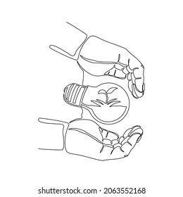 Continuous line drawing of green plant tree in light bulb and two palm hands. Creative green earth nature saving single one line art. Vector illustration
