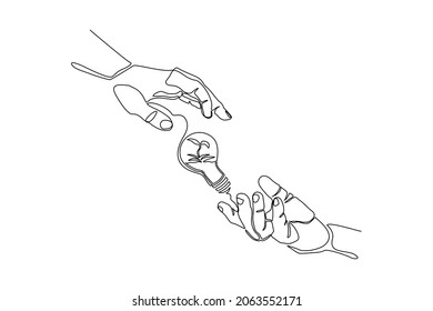 Continuous line drawing of green plant tree in light bulb and two palm hands. Creative green earth nature saving single one line art. Vector illustration