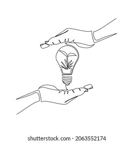 Continuous line drawing of green plant tree in light bulb and two palm hands. Creative green earth nature saving single one line art. Vector illustration