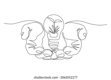 Continuous line drawing of green plant tree in light bulb and two palm hands. Creative green earth nature saving single one line art. Vector illustration