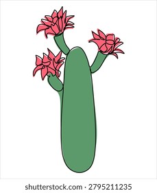  Continuous line drawing of a green saguaro cactus with a blooming  flower. Minimalist vector illustration of a desert plant with color shapes. Mexican flora and southwest nature concept.  Hand drawn without artificial intelligence.