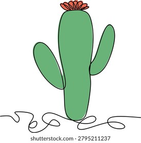  Continuous line drawing of a green saguaro cactus with a blooming  flower. Minimalist vector illustration of a desert plant with color shapes. Mexican flora and southwest nature concept.  Hand drawn without artificial intelligence.