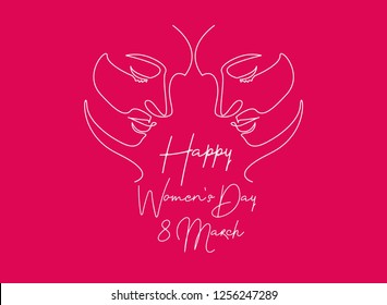 continuous line drawing of greeting card design with illustration of young girl for 8 march international Happy Women's Day  celebration.