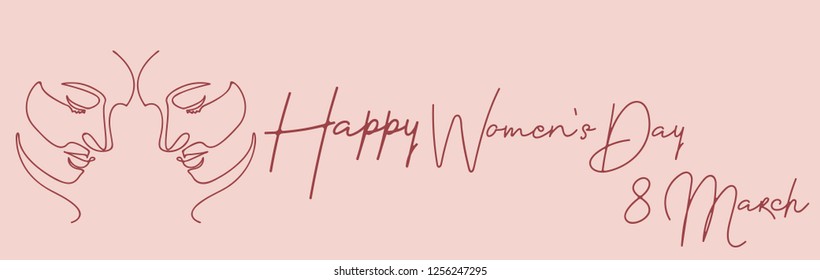 continuous line drawing of greeting card design with illustration of young girl for 8 march international Happy Women's Day  celebration.